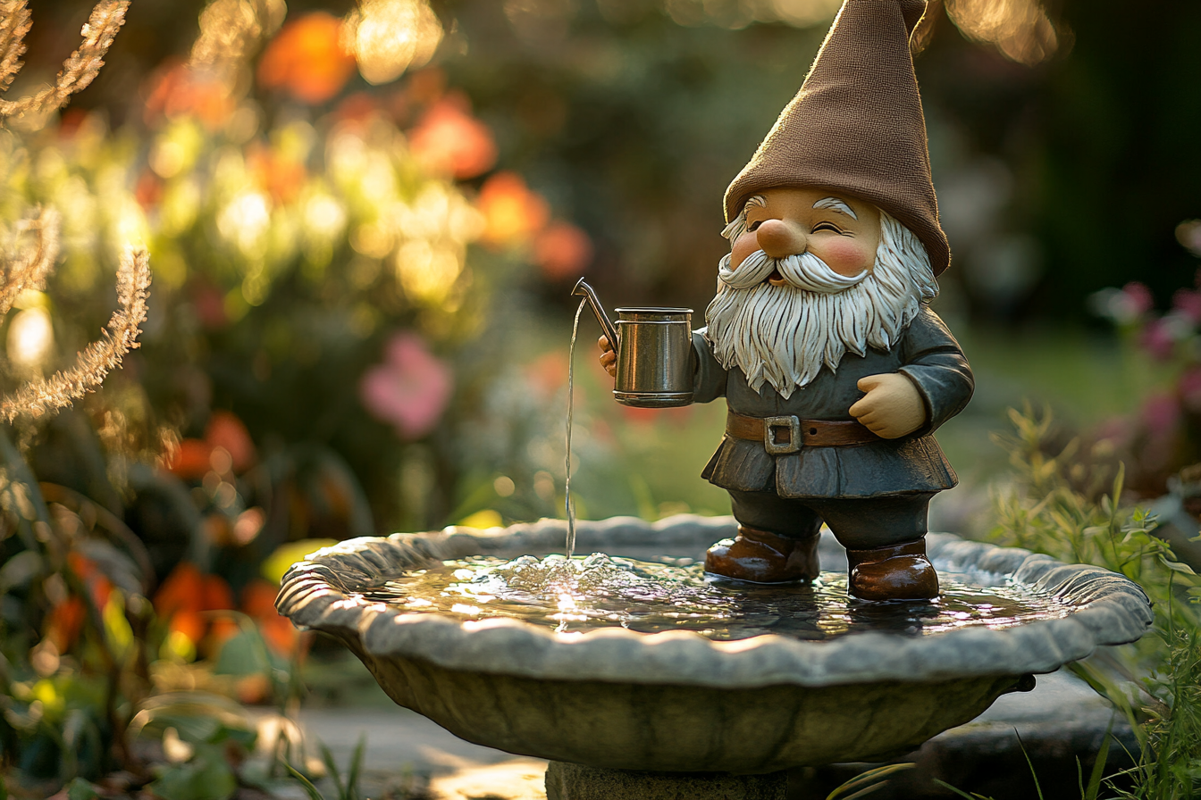 A garden gnome with a tiny water can | Source: Midjourney