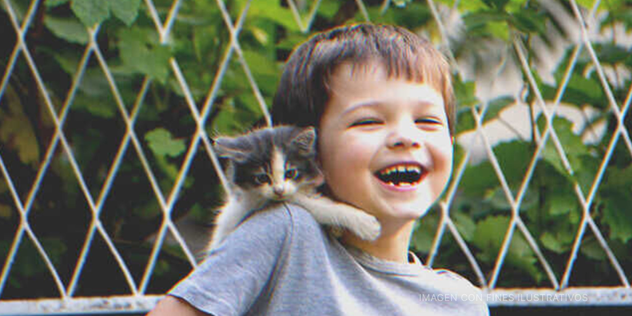 Niño sonrie con un gatito en su hombro | Foto: Shutterstock