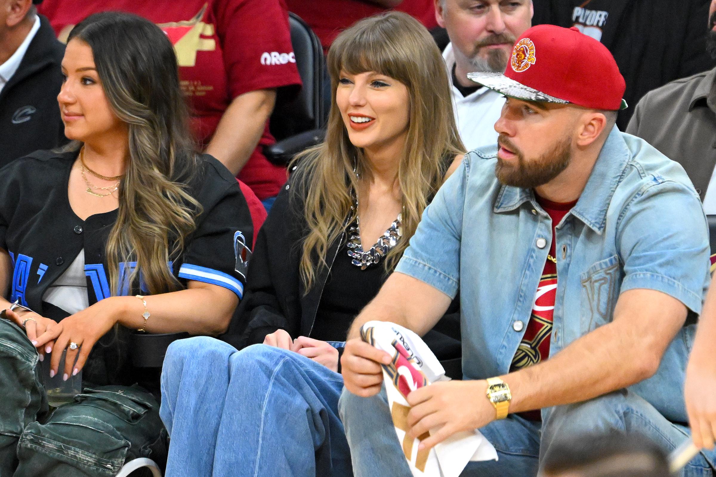 Taylor Swift and Travis Kelce during Game Three between the New York Knicks and the Cleveland Cavaliers in the NBA Eastern Conference Finals at Rocket Arena on May 23, 2026, in Cleveland, Ohio. | Source: Getty Images