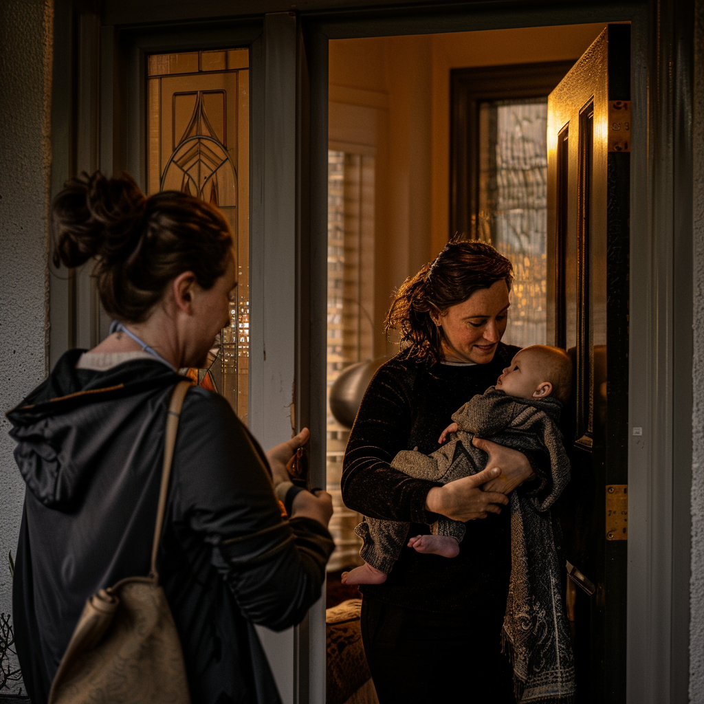 Sarahs sister welcoming her into her house | Source: Midjourney