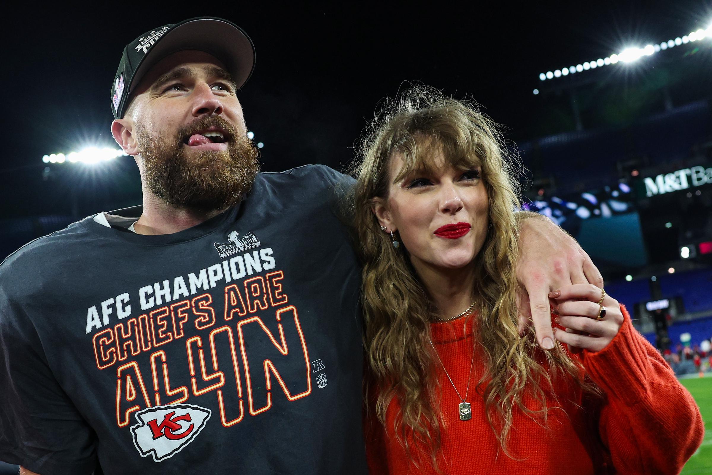 Travis Kelce and Taylor Swift on January 28, 2024 in Baltimore, Maryland | Source: Getty Images