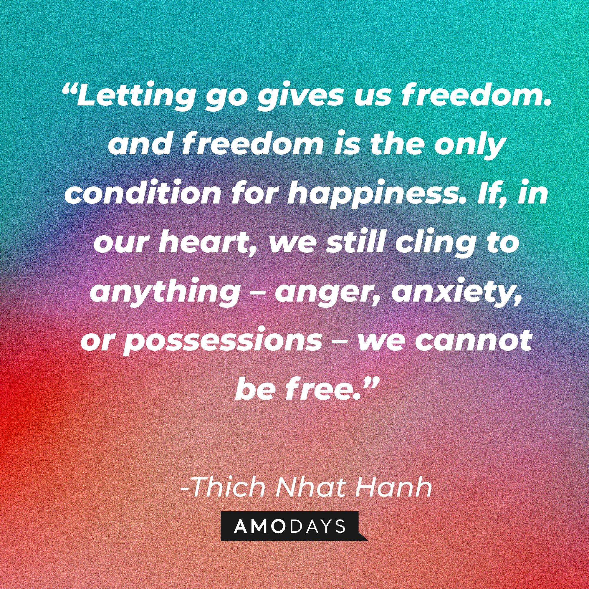 Thich Nhat Hanh's quote: “Letting go gives us freedom. and freedom is the only condition for happiness. If, in our heart, we still cling to anything – anger, anxiety, or possessions – we cannot be free.” | Image: AmoDays