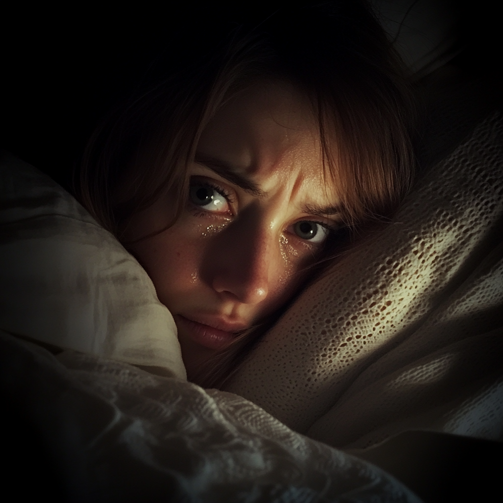 A crying woman in bed | Source: Midjourney