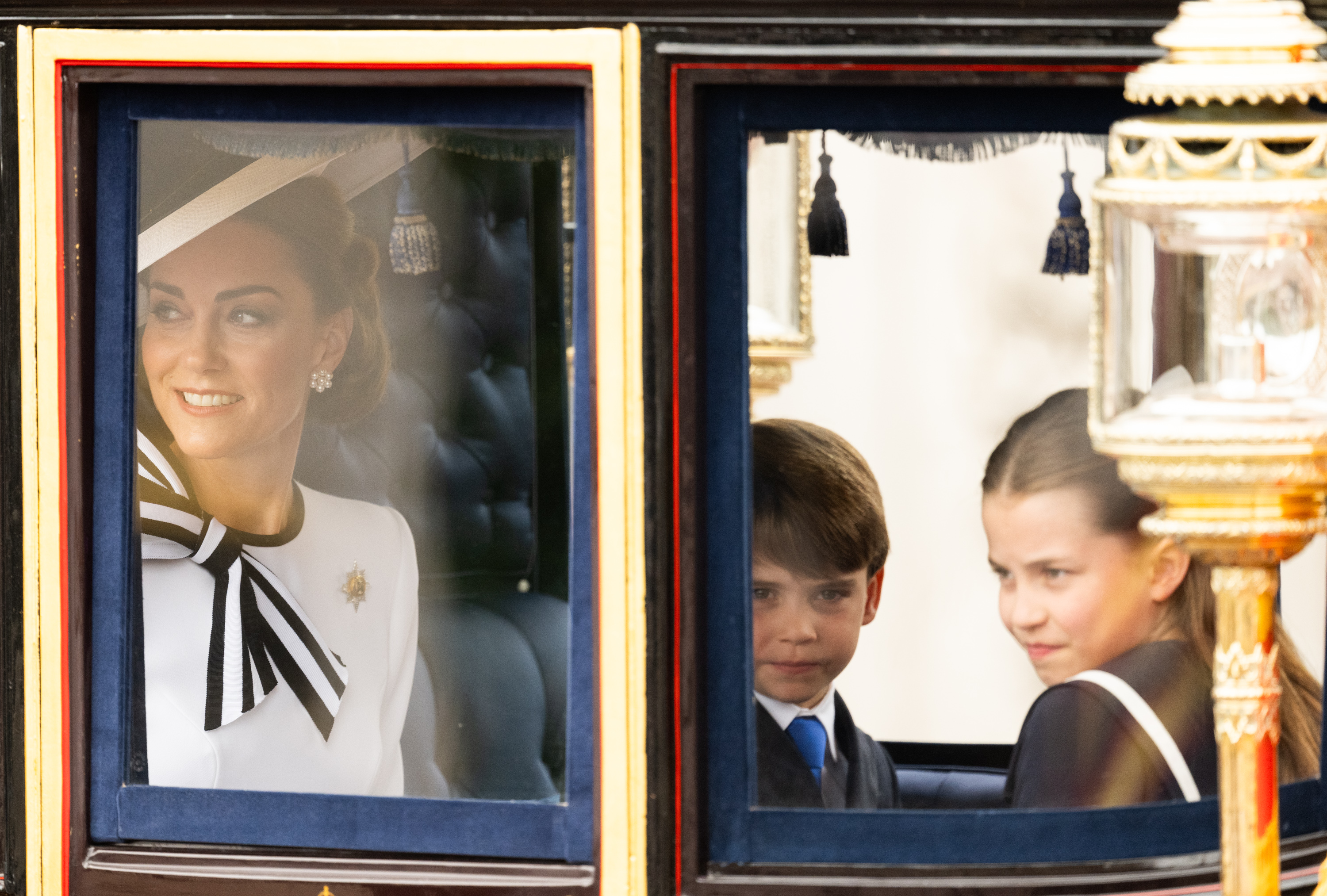 Princess of Wales, Catherine, arrives with Prince William, and their children to Buckingham Palace before the King's Birthday Parade "Trooping the Colour" in London on June 15, 2024 | Source: Getty Images