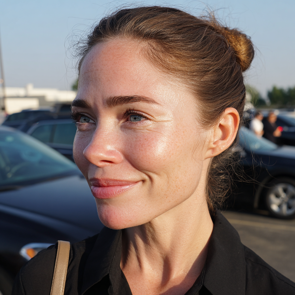A smiling woman standing in a parking lot | Source: Midjourney