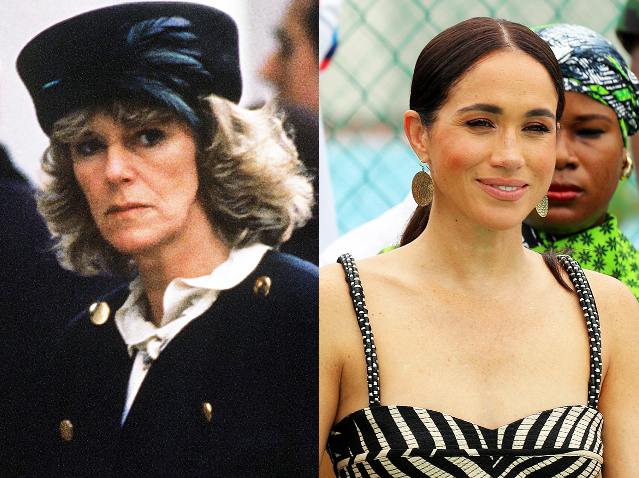 A side-by-side of Queen Camilla and Meghan Markle in their 40s. | Source: Getty Images