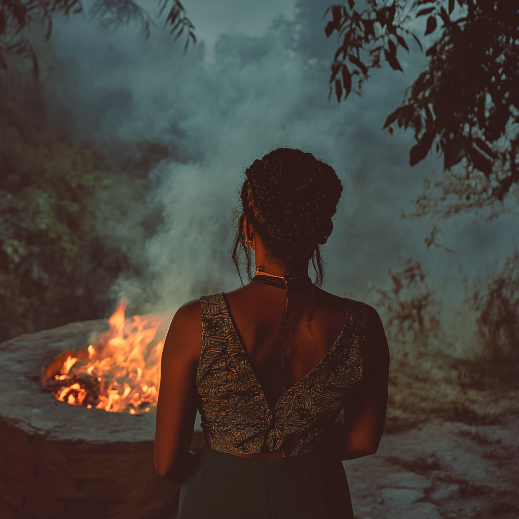 A woman standing next to a pit of fire | Source: Midjourney