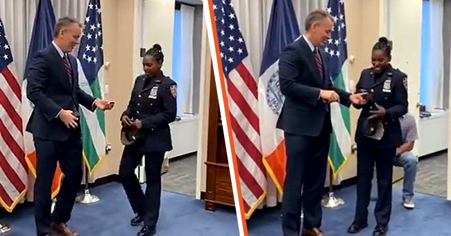 An officer goes to her commissioner to get an award but she is surprised with a proposal instead | Photo: Twitter/NYPDShea