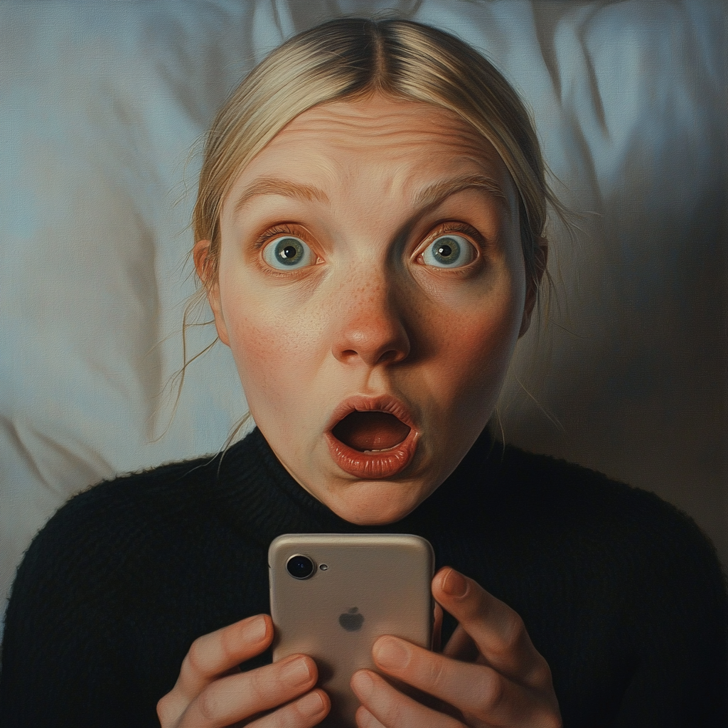 A shocked woman holding a phone | Source: Midjourney