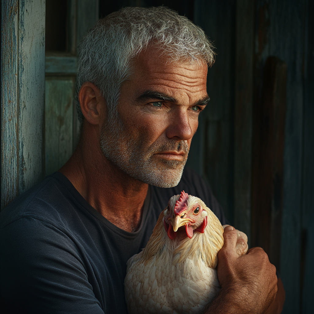 A sad older man hugging a chicken | Source: Midjourney