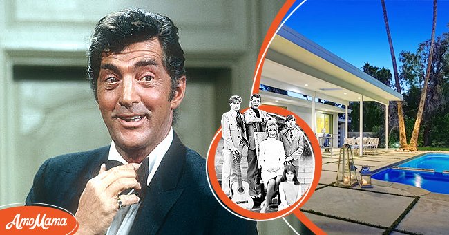 Entertainer Dean Martin adjusts his bow tie on the set of 'The Dean Martin Show' in 1967. [Left] | Dean Martin with his wife Jeanne and children in a family portrait circa 1966. [Center] | Photo of Dean Martin's $1.8 million mansion. [Right] | Photo: Getty Images  YouTube/Sacramento Bee