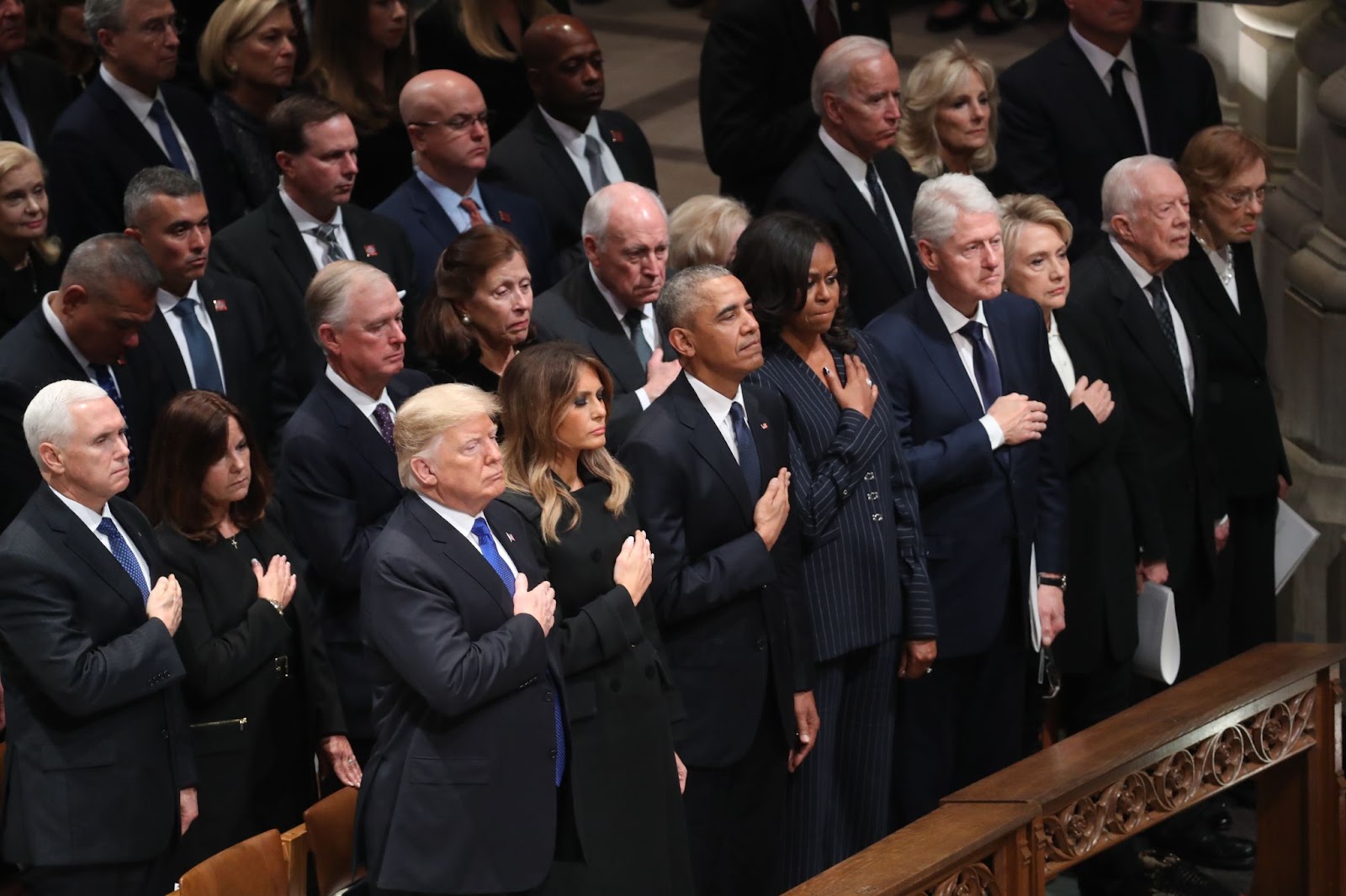 Donald and Melania Trump, Barack and Michelle Obama, Bill and Hillary Clinton, and Jimmy and Rosalynn Carter at the state funeral service for former President George H.W. Bush on December 5, 2018. | Source: Getty Images