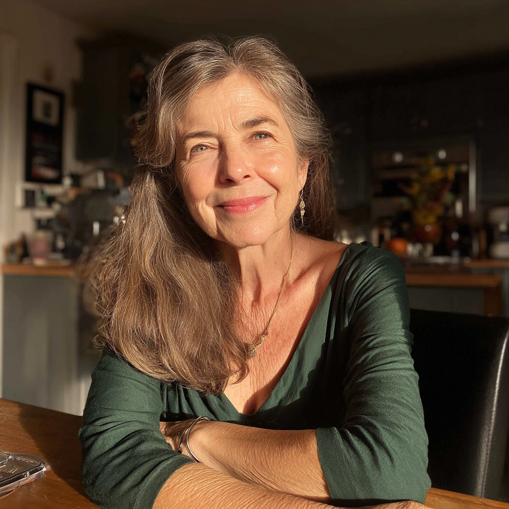 A smiling older woman sitting at a table | Source: Midjourney