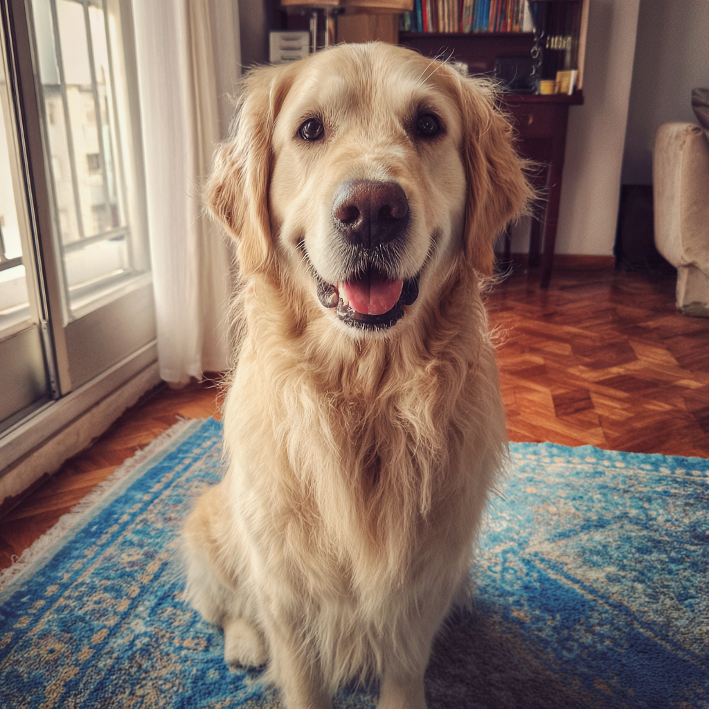 A happy dog sitting on a rug | Source: Midjourney