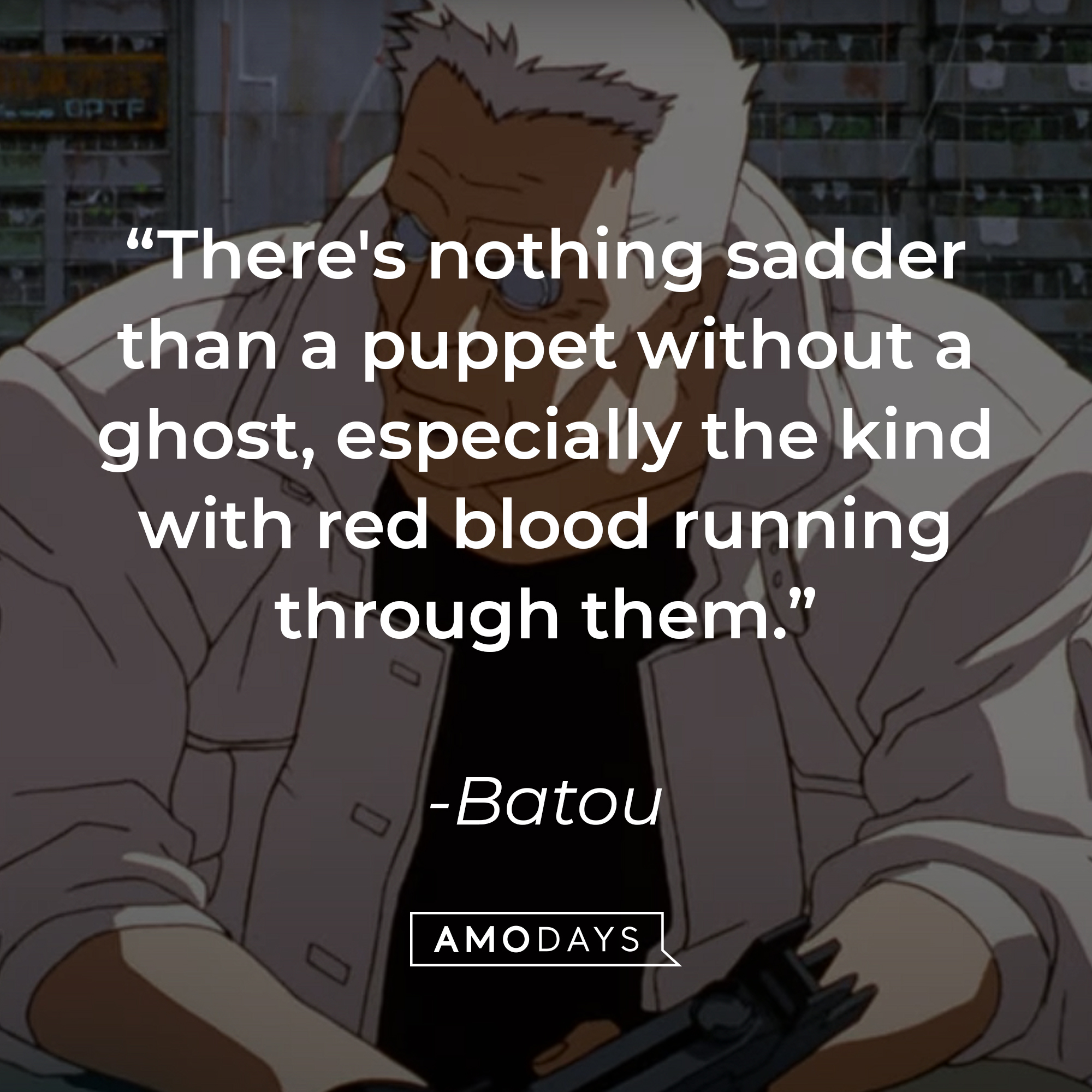 Batou with his quote: "There's nothing sadder than a puppet without a ghost, especially the kind with red blood running through them." | Source: YouTube.com/LionsgateMovies