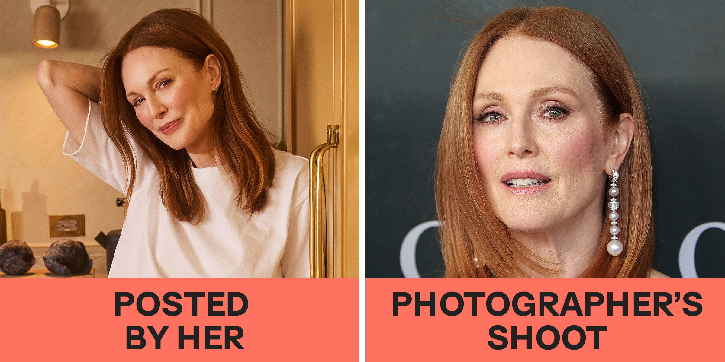 Julianne Moore on Instagram vs. in reality | Source: Instagram/frankandeileen | Getty Images