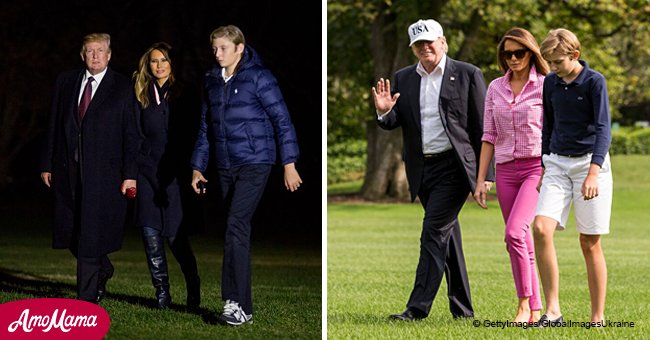 Barron Trump grows by leaps and bounds, towering over his mom Melania as they arrive home