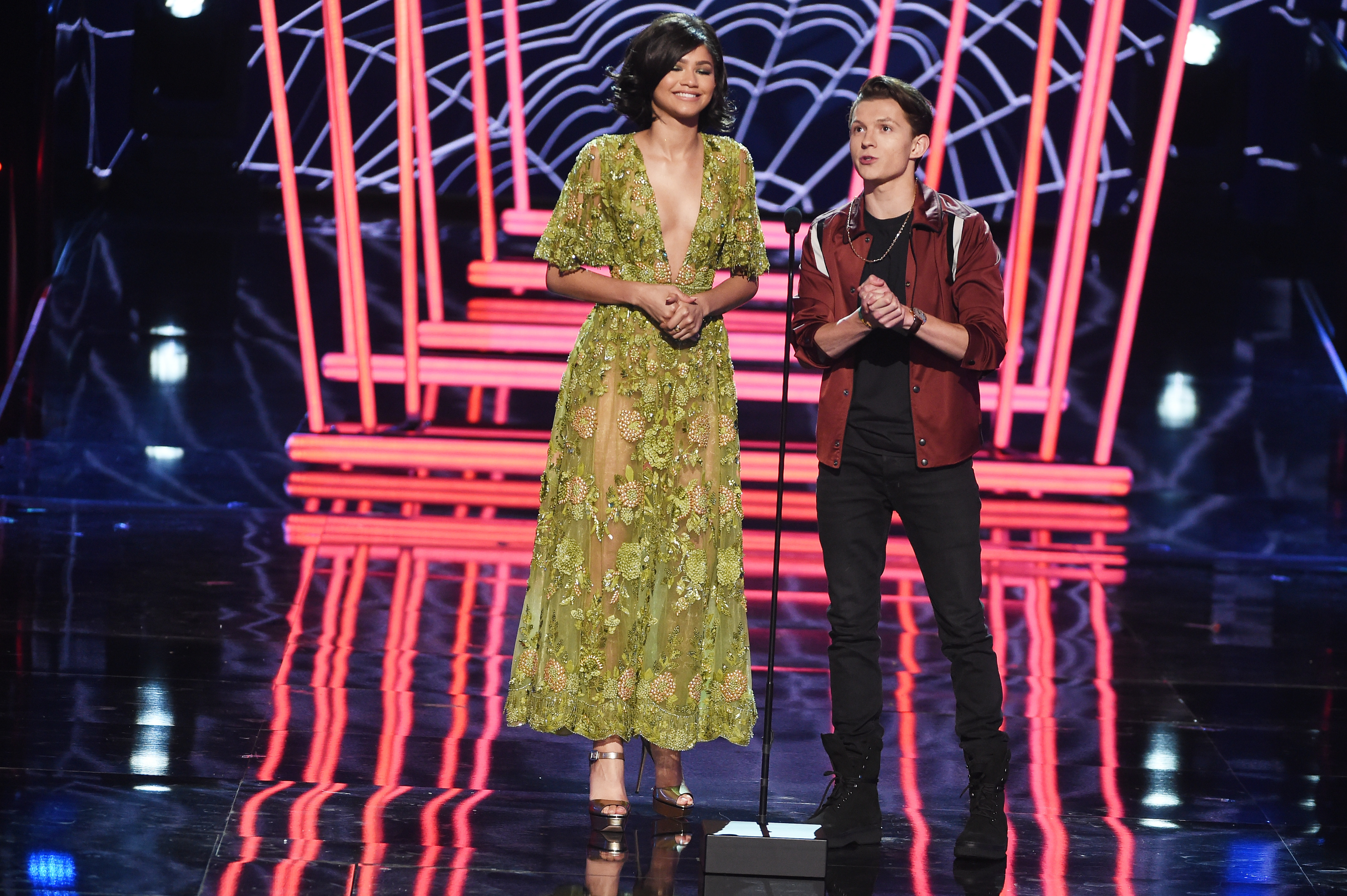 Zendaya and Tom Holland onstage during the 2017 MTV Movie and TV Awards on May 7 in Los Angeles, California. | Source: Getty Images
