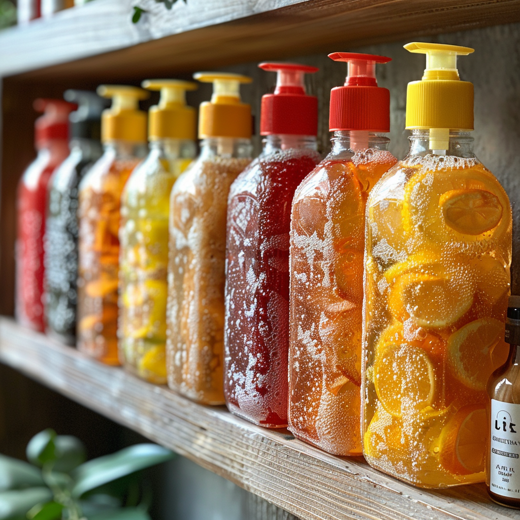 An array of body washes and scrubs | Source: Midjourney