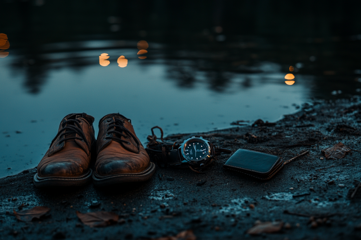 A man's shoes and personal items lying near a lake | Source: Midjourney