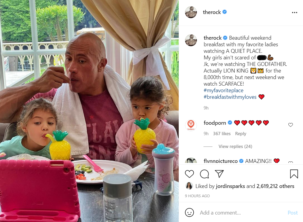 Actor Dwayne Johnson having breakfast with his daughters | Photo: Instagram/therock