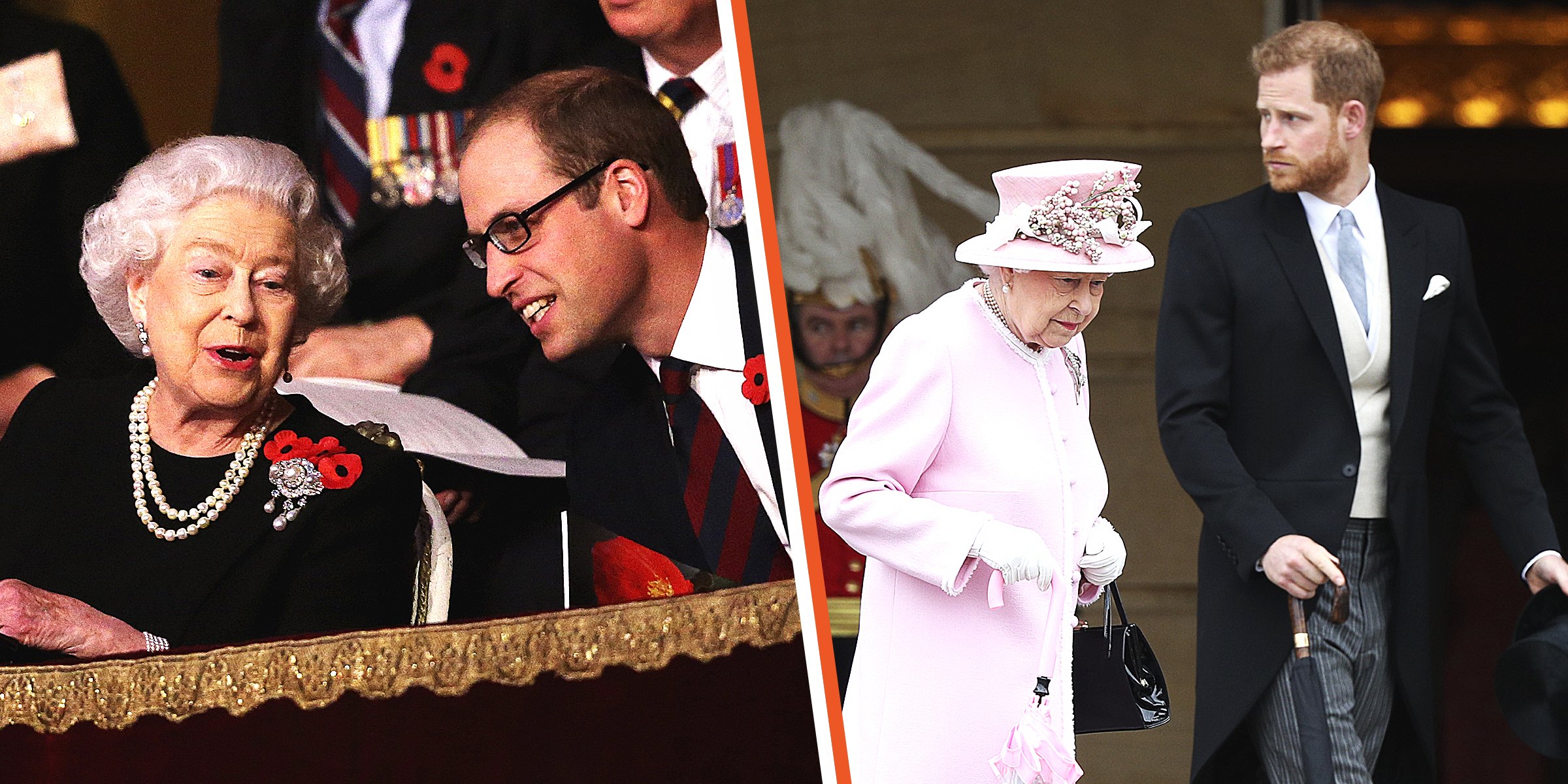Queen Elizabeth II and Prince William ┃Queen Elizabeth II and Prince Harry ┃Source: Getty Images