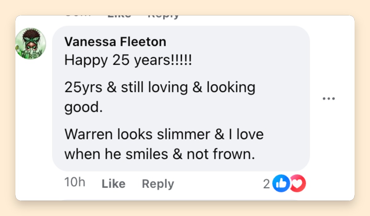 Fan comment about Erica and Warryn Campbell's vow renewal, posted on May 18, 2026. | Source: Facebook/People