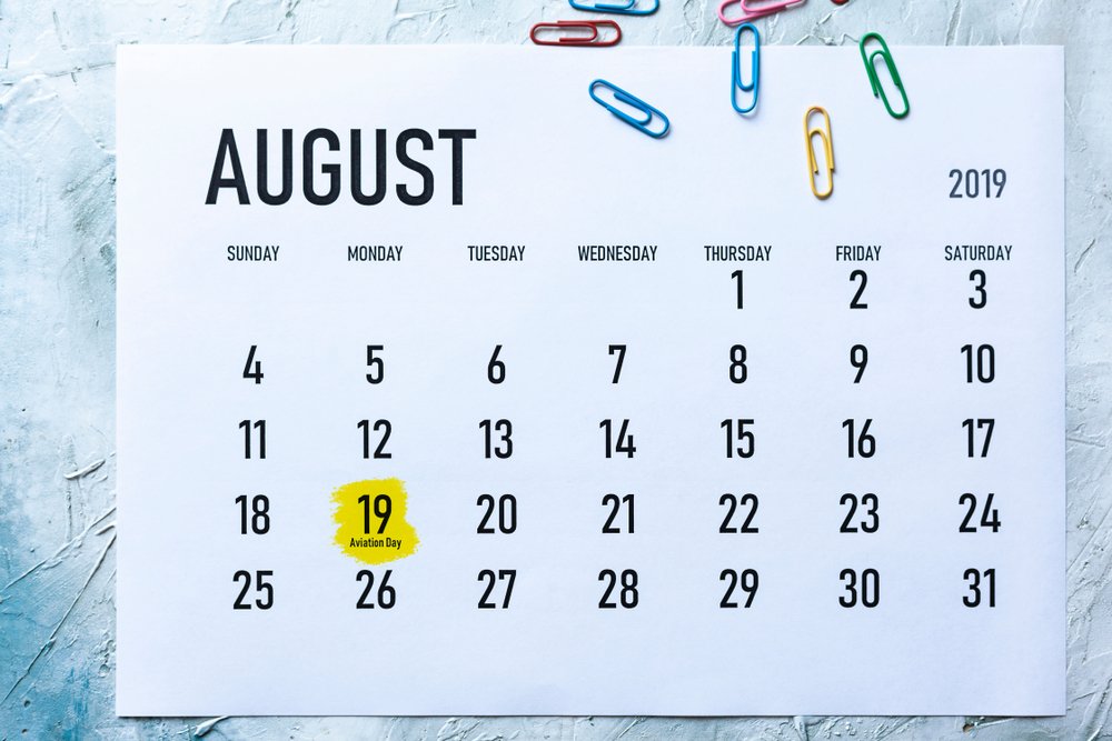 Día de la aviación. 19 de agosto de 2019 resaltado en el calendario. | Fuente: Shutterstock Día de la aviación. 19 de agosto de 2019 resaltado en el calendario. | Fuente: Shutterstock