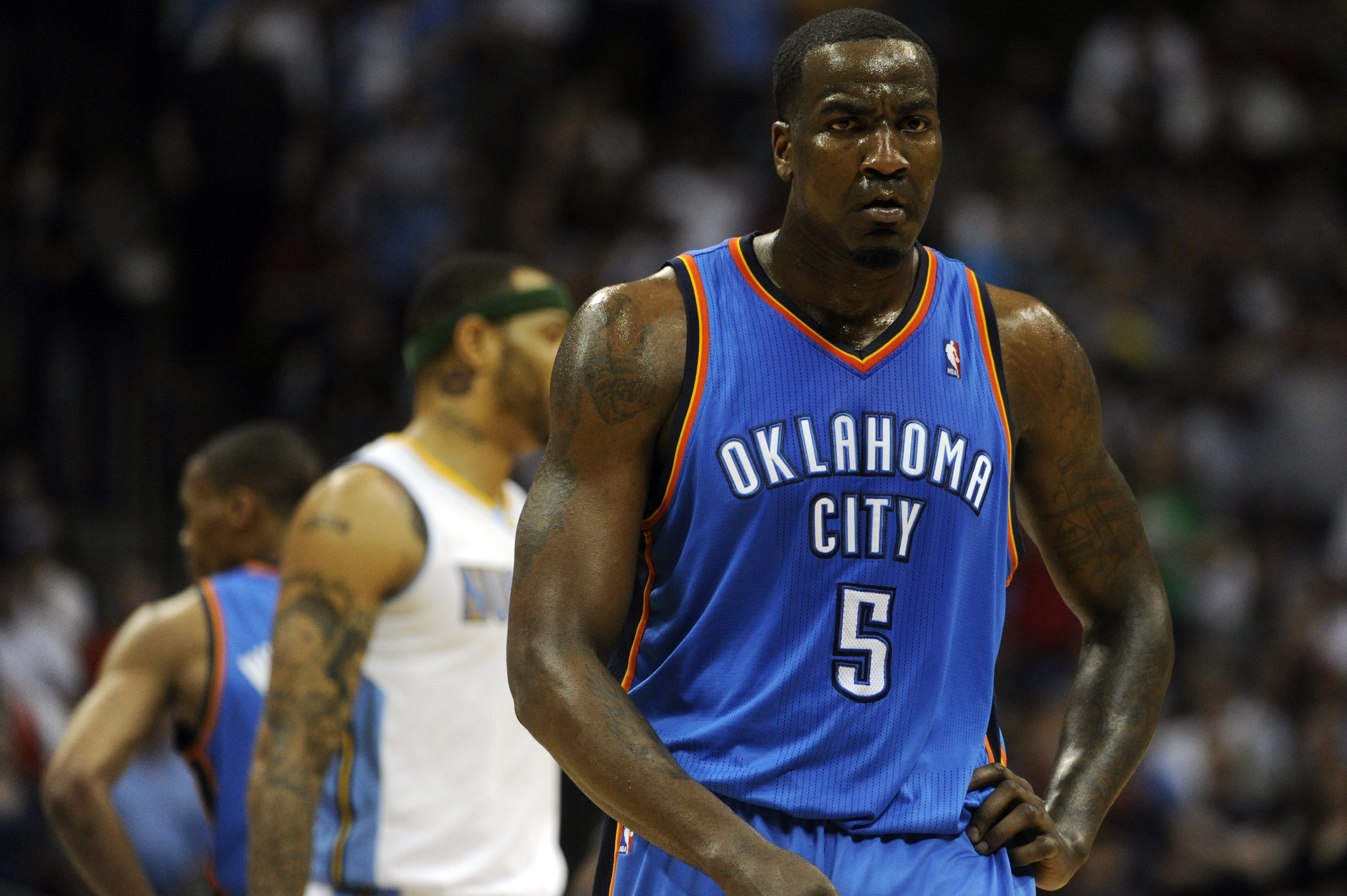 Kendrick Perkins playing against the Denver Nuggets at the Pepsi Center on Tuesday April 5, 2011 | Source: Getty Images