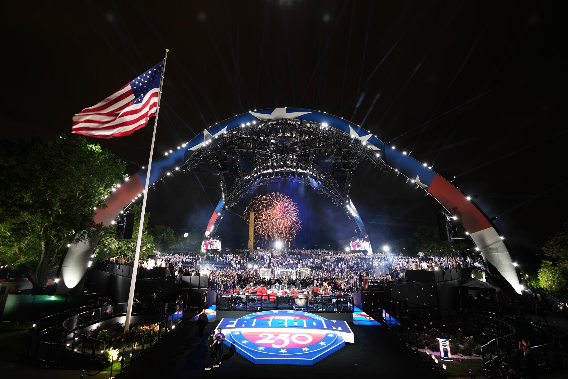 A packed crowd gathers beneath fireworks at the UFC Freedom 250 event on the White House South Lawn on June 14, 2026. | Source: Getty Images