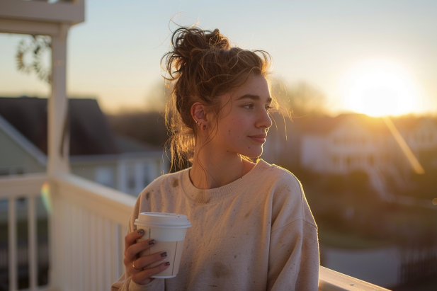 A young woman clutching a cup of coffee on the balcony | Source: AmoMama