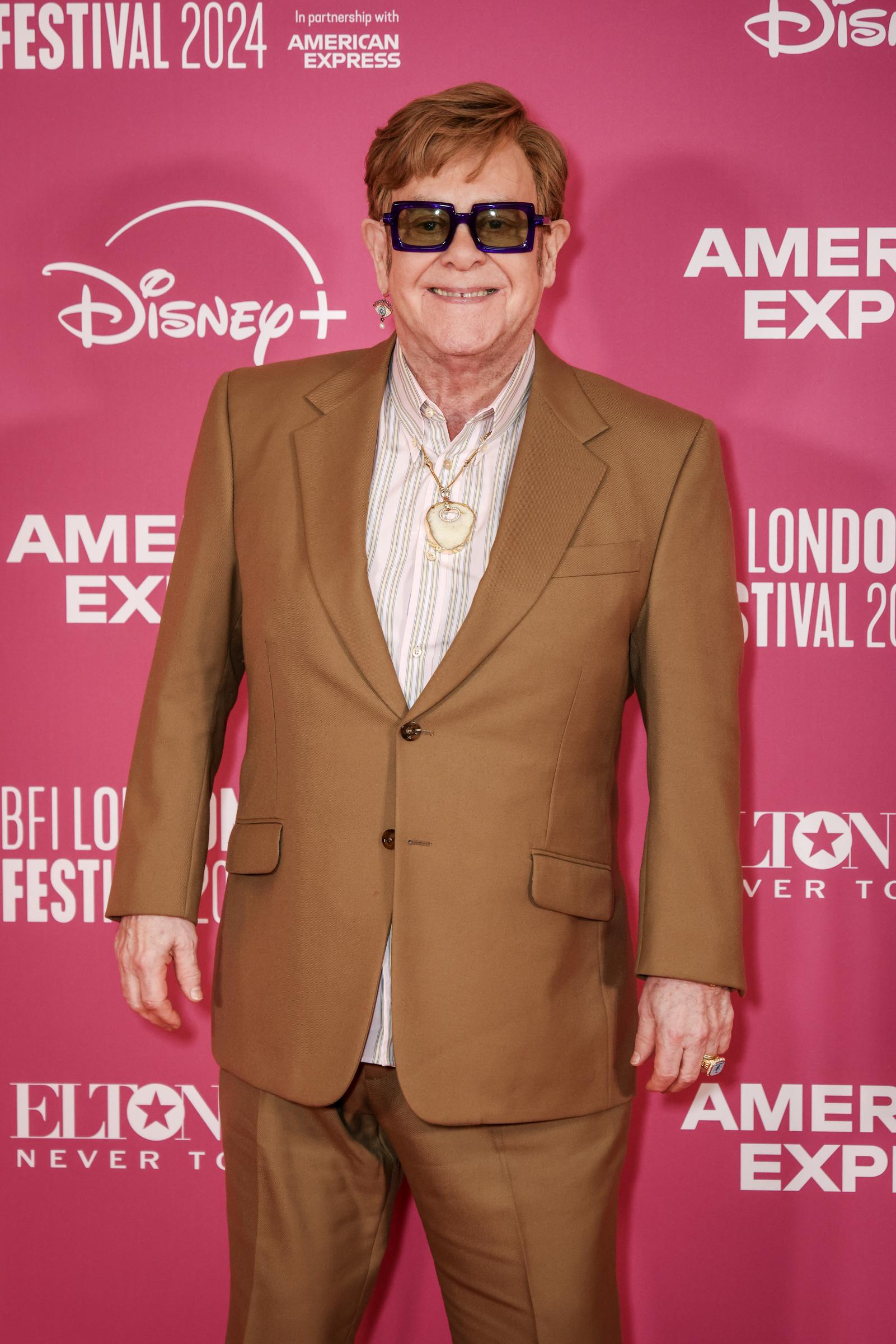 Elton John at the "Elton John: Never Too Late" European debut during the London Film Festival on October 10, 2024, in England | Source: Getty Images