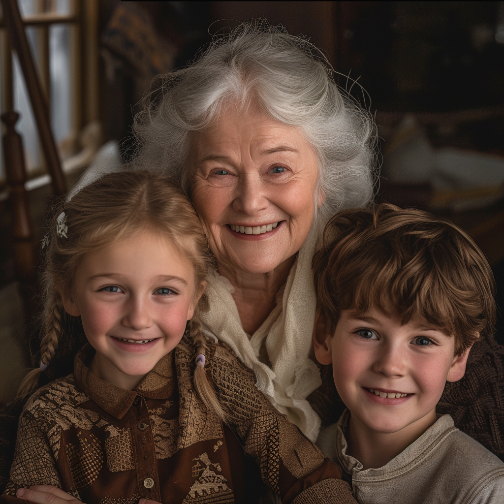 A happy grandmother with her grandchildren | Source: Midjourney