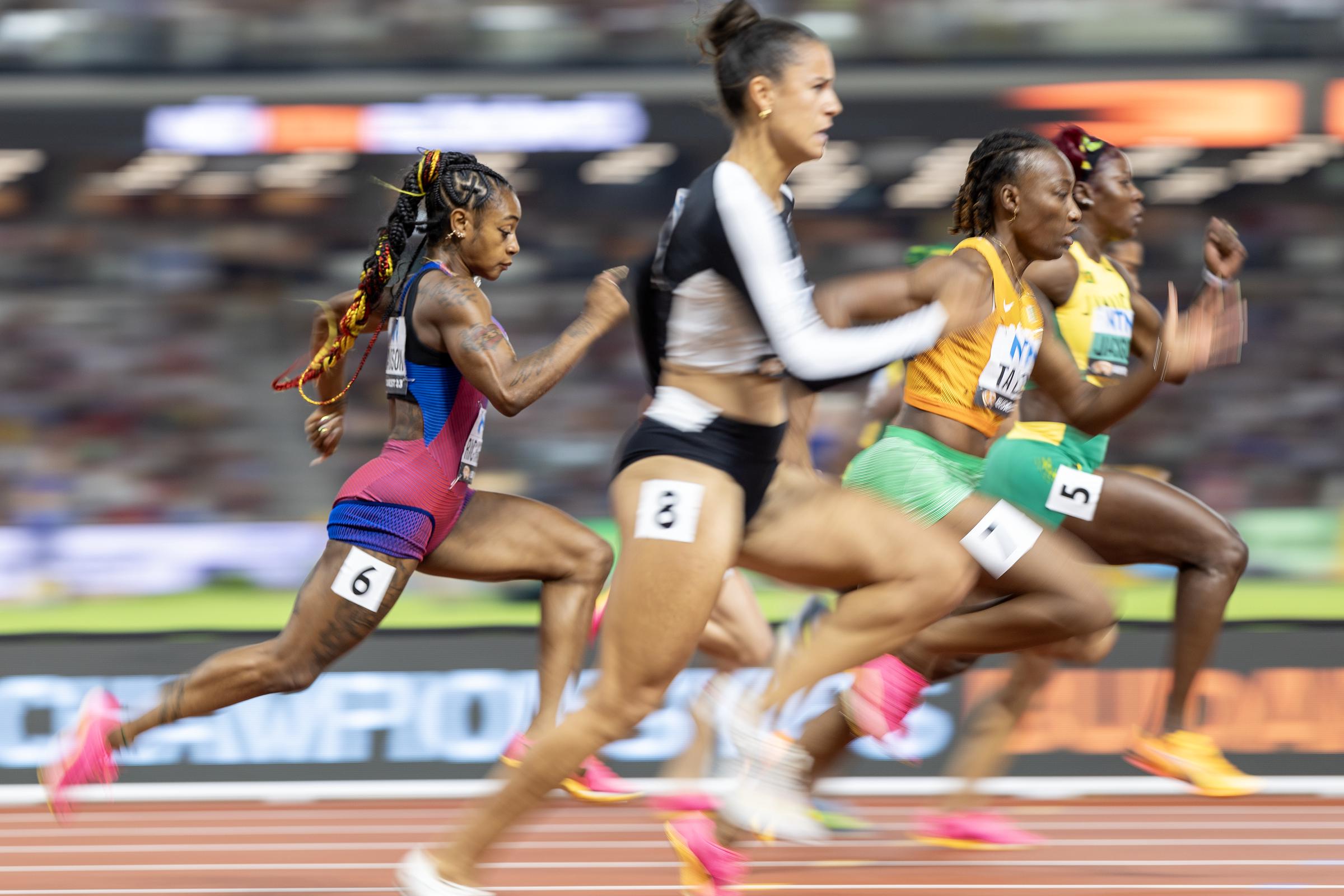 ShaCarri Richardson racing in the Womens 100-meter Semifinal during the World Athletics Championships on August 21, 2023, in Budapest, Hungary. | Source: Getty Images