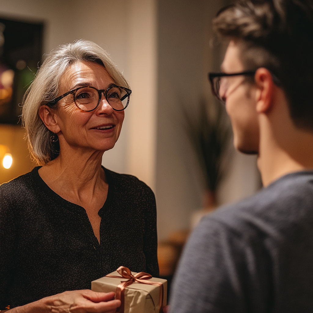 A happy woman talking to her son | Source: Midjourney