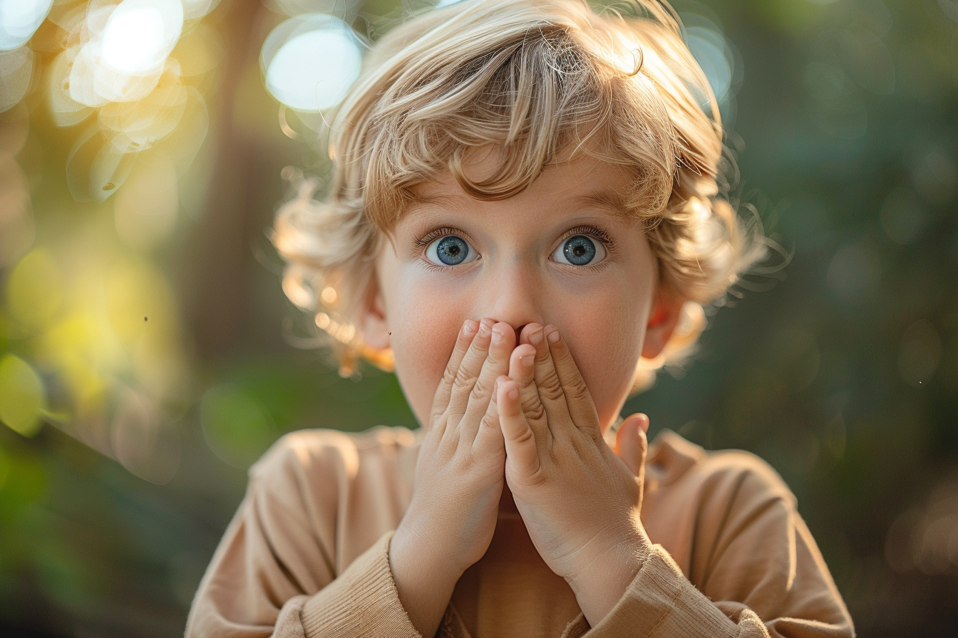 Surprised little boy covering his mouth | Source: Midjourney