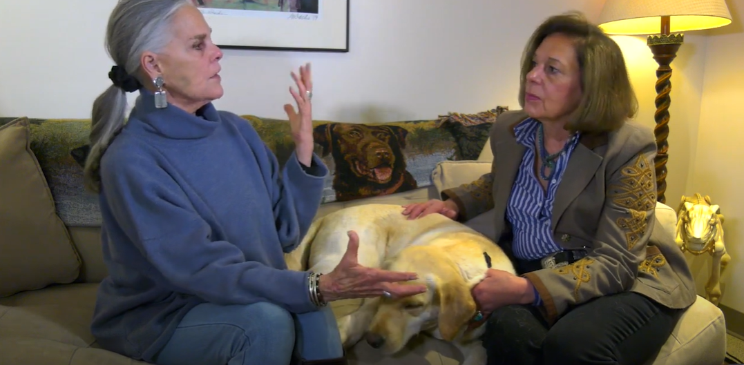 Ali MacGraw sitting with a dog while talking to Assistance Dogs of the West's Linda on March 31, 2021 | Source: YouTube/Assistance Dogs of the West