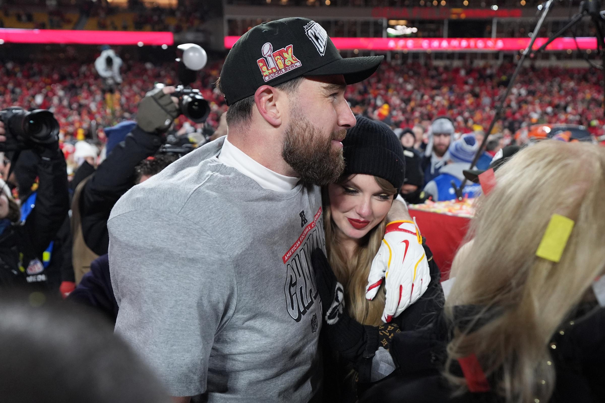 Travis Kelce #87 of the Kansas City Chiefs and Taylor Swift celebrate a win against the Buffalo Bills in the AFC championship game at GEHA Field at Arrowhead Stadium on January 26, 2025, in Kansas City, Missouri | Source: Getty Images