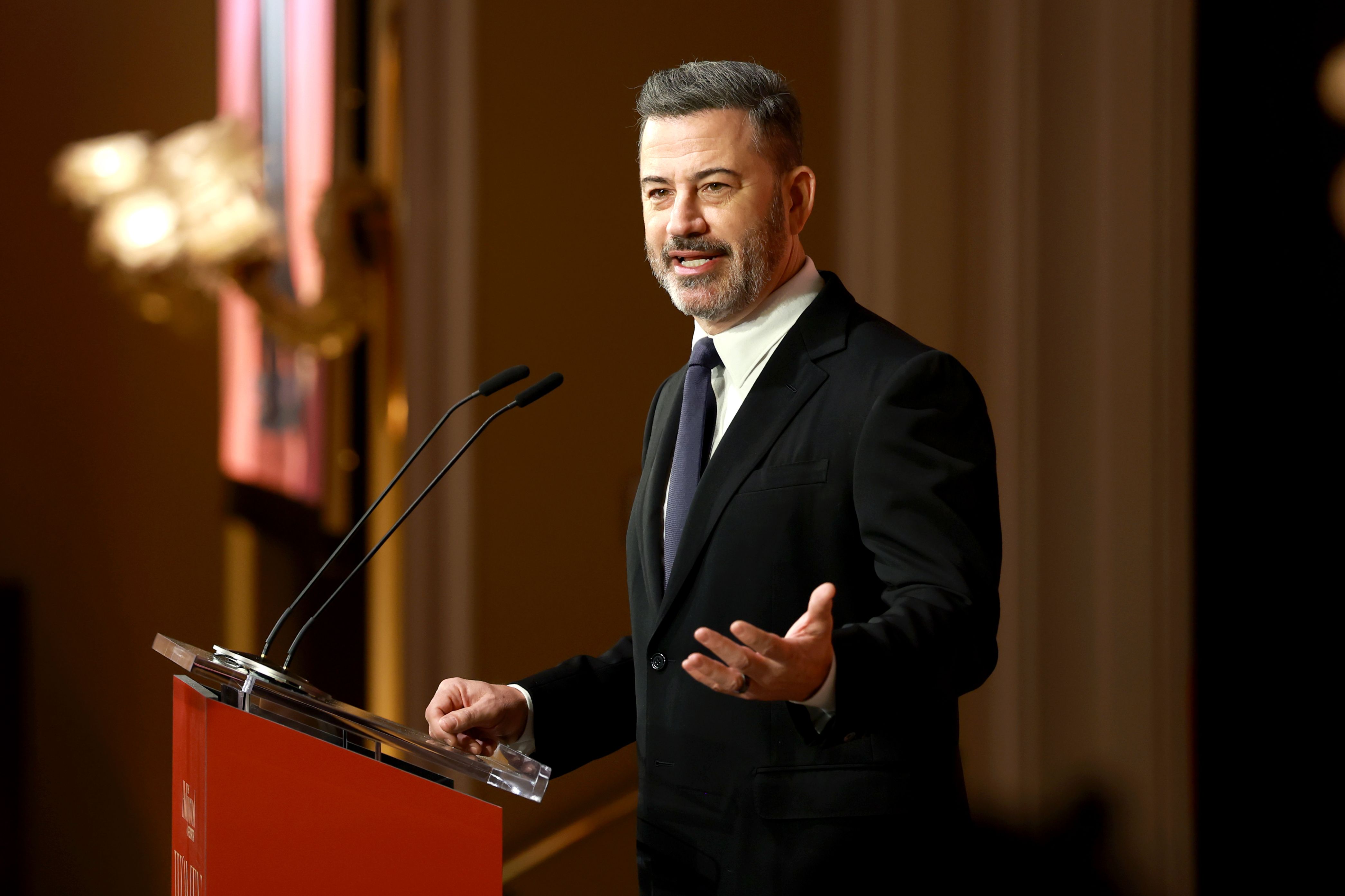 Jimmy Kimmel speaks onstage during The Hollywood Reporter Women In Entertainment Presented By Lifetime on December 3, 2025 in Beverly Hills, California | Source: Getty Images