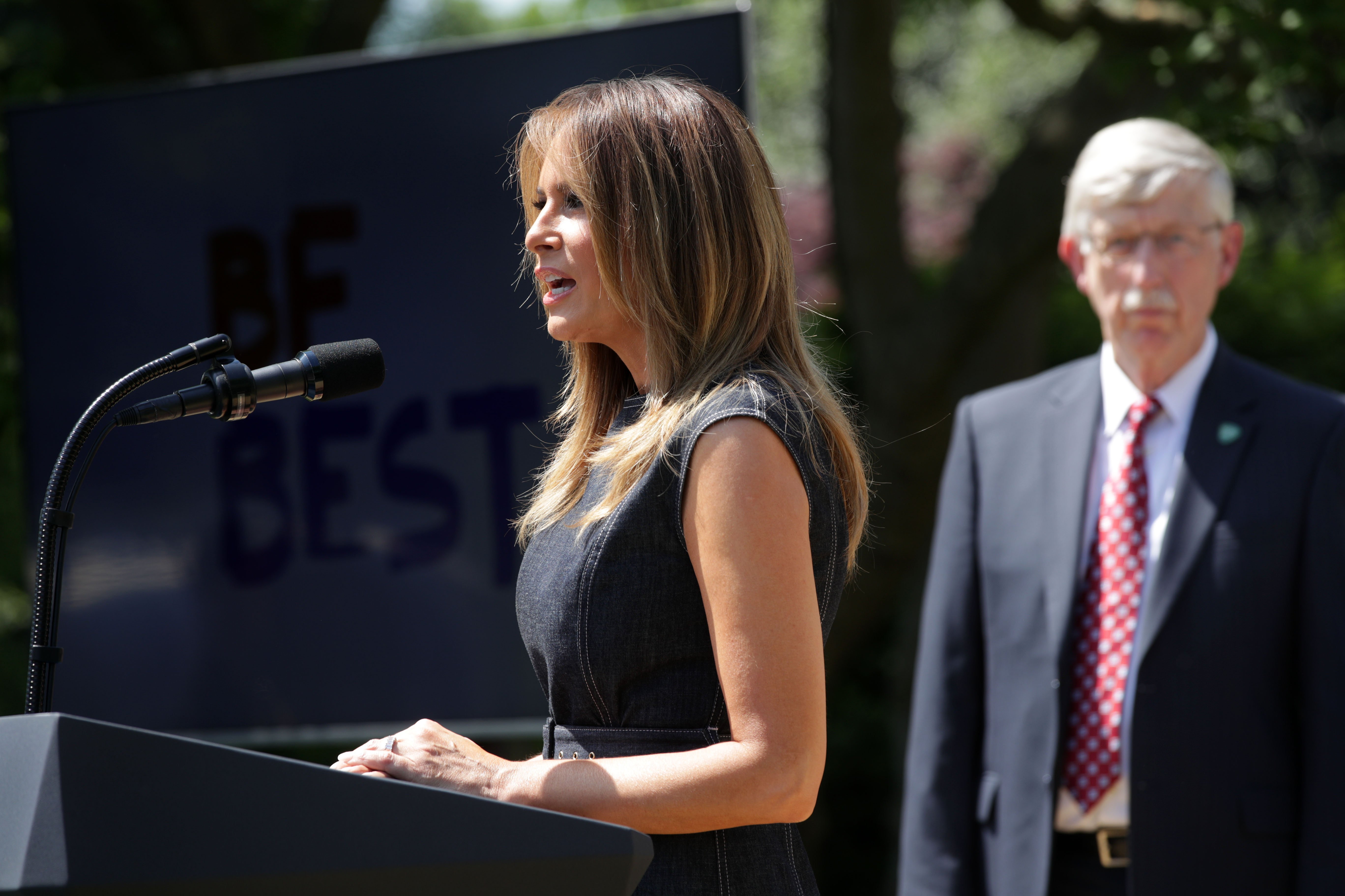Melania Trump delivering a speech during a Rose Garden event at the White House to celebrate the first birthday of the Be Best campaign | Photo: Getty Images