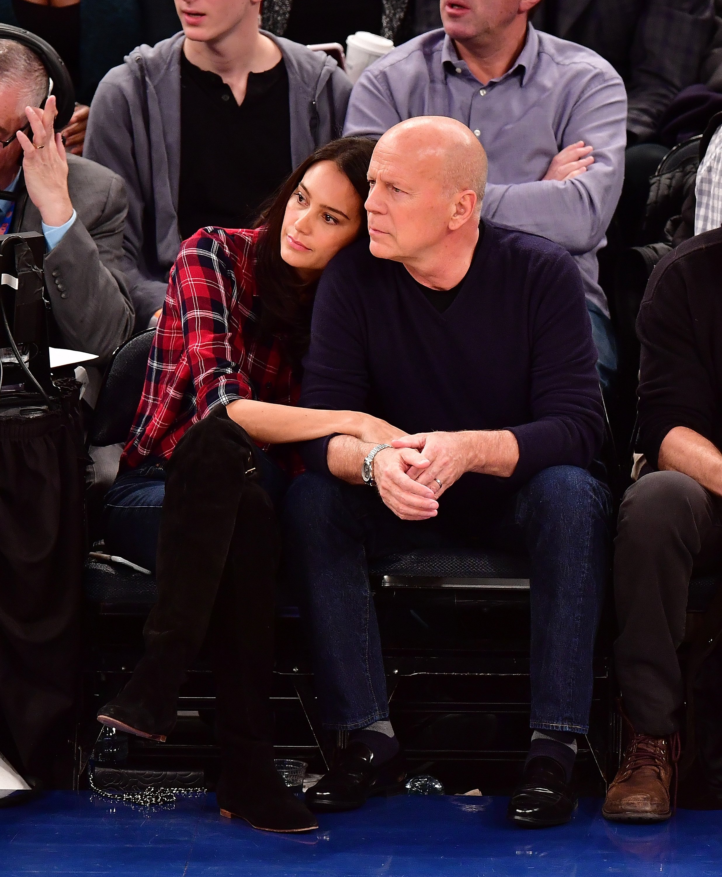 Actress Emma Heming Willis and Bruce Willis during Cleveland Cavaliers Vs. New York Knicks game at Madison Square Garden on February 4, 2017 in New York City. / Source: Getty Images