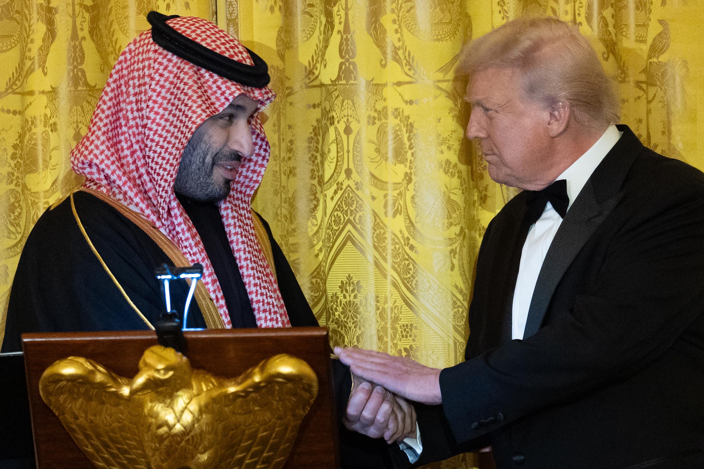 Crown Prince Mohammed bin Salman and U.S. President Donald Trump shake hands during the White House state dinner on November 18, 2025 | Source: Getty Images