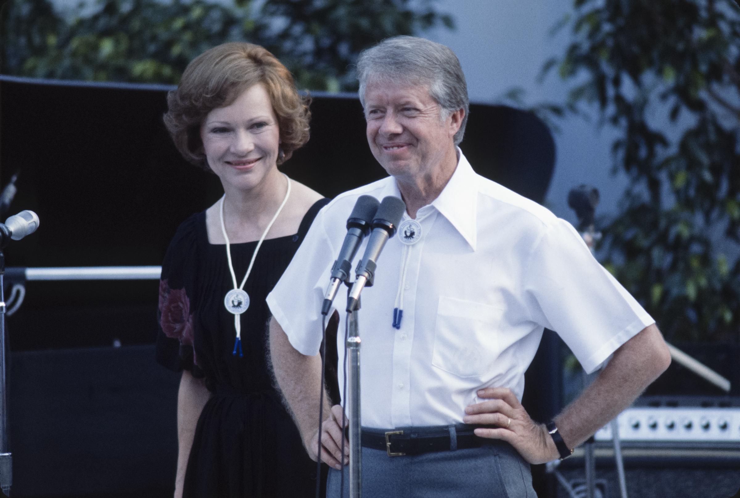 President Jimmy Carter, with First Lady Rosalynn behind, addresses the crowd from the stage at a White House Jazz Concert in June 1978. | Source :Getty Images