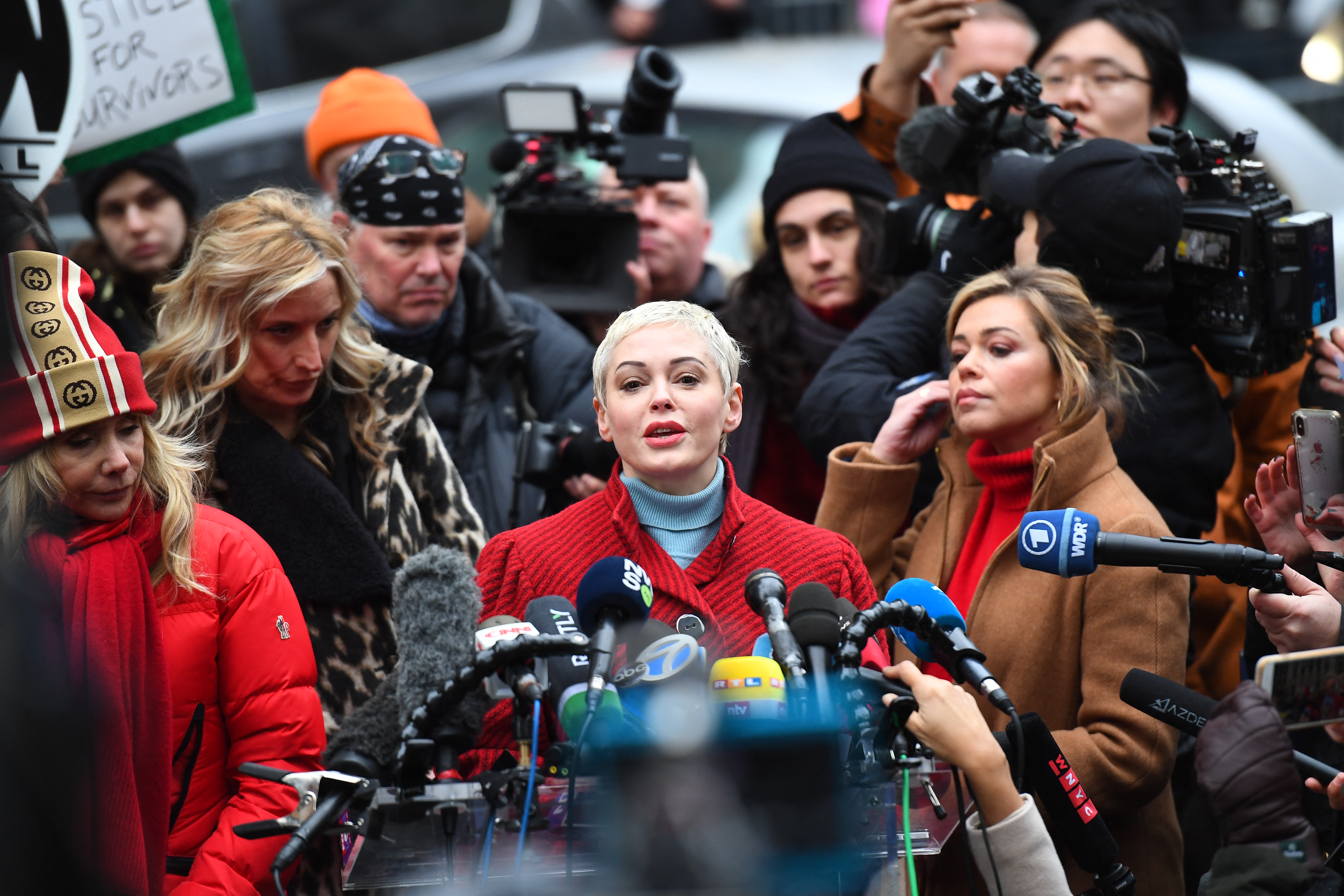 McGowan speaks during a press conference, after Harvey Weinstein arrived on the first day of his criminal trial on charges of rape and sexual assault at State Supreme Court in Manhattan, New York City, January 6, 2020. | Source: Getty Images