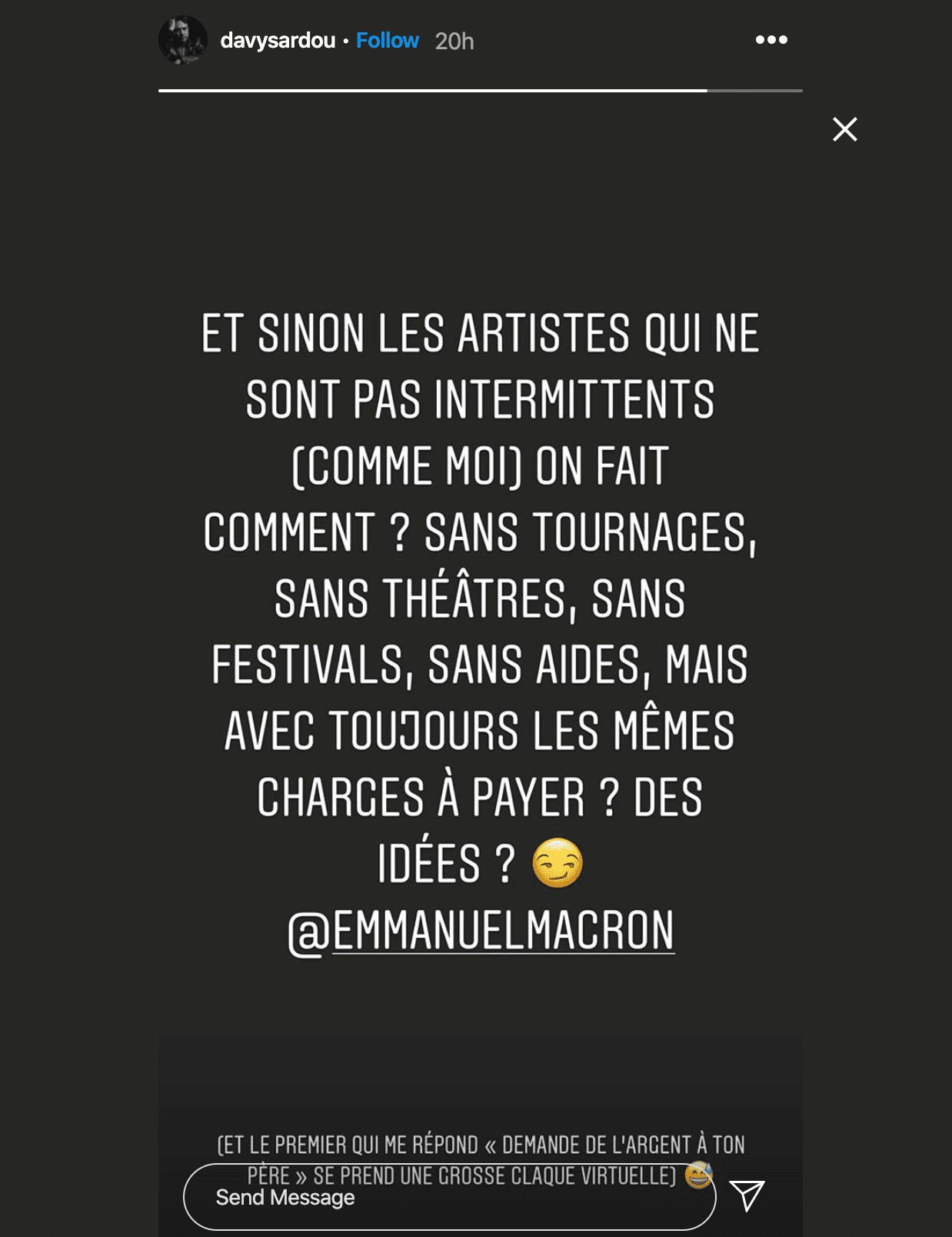 Story de Davy Sardou. | Photo : Story Instagram Story de Davy Sardou. | Photo : Story Instagram
