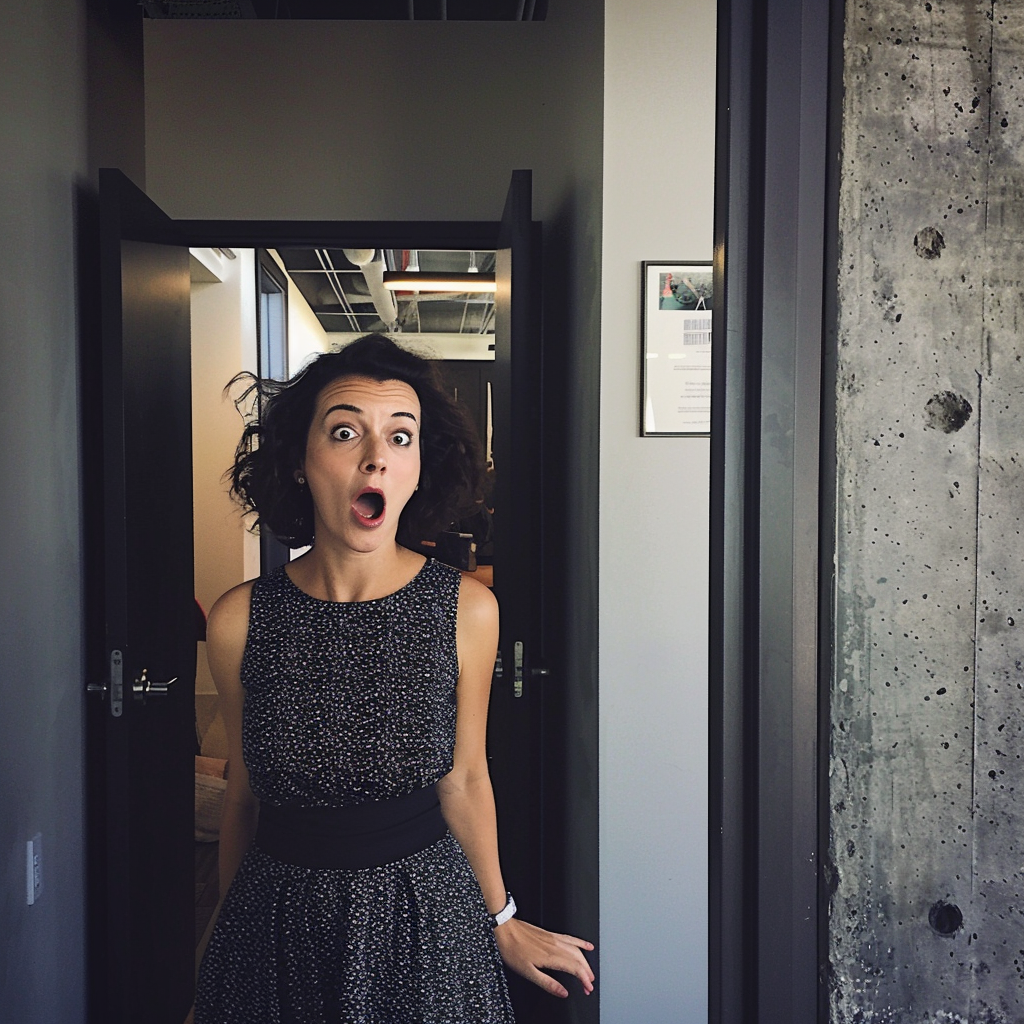 A shocked woman in a doorway | Source: Midjourney