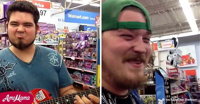 Professional musicians sing a sweet song in Walmart using toy guitar