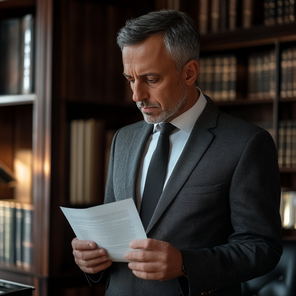 A lawyer reading a will while standing in his office | Source: Midjourney