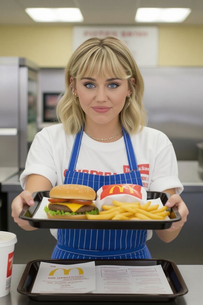 An AI-generated image of Miley Cyrus as a fast food worker | Source: Grok