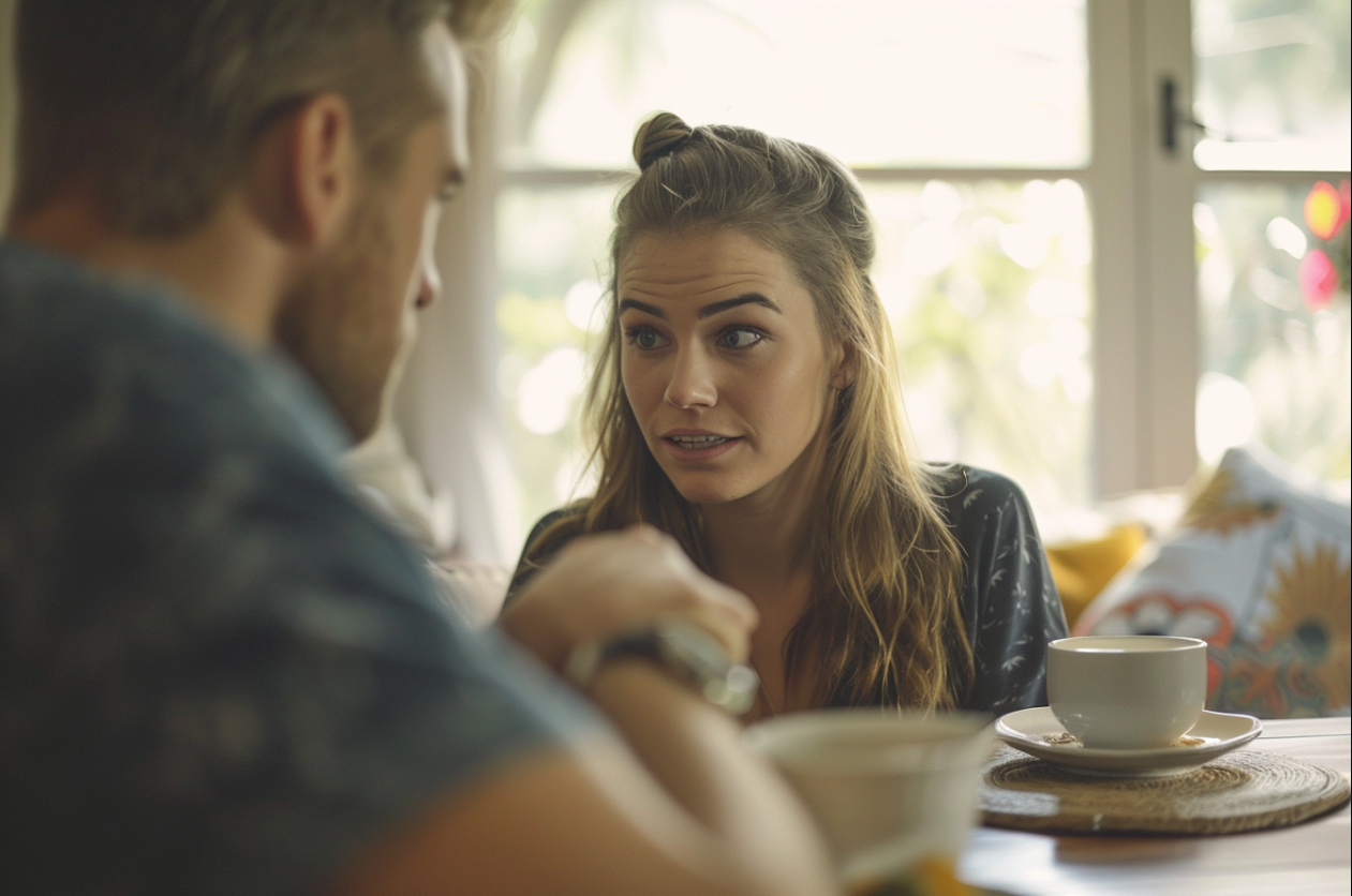 A serious woman speaking to her husband | Source: MidJourney